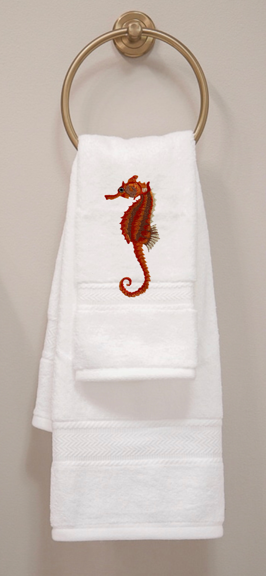 Seahorse Embroidered Bath Hand Towel. Beautifully Detailed Vibrant Orange Shades