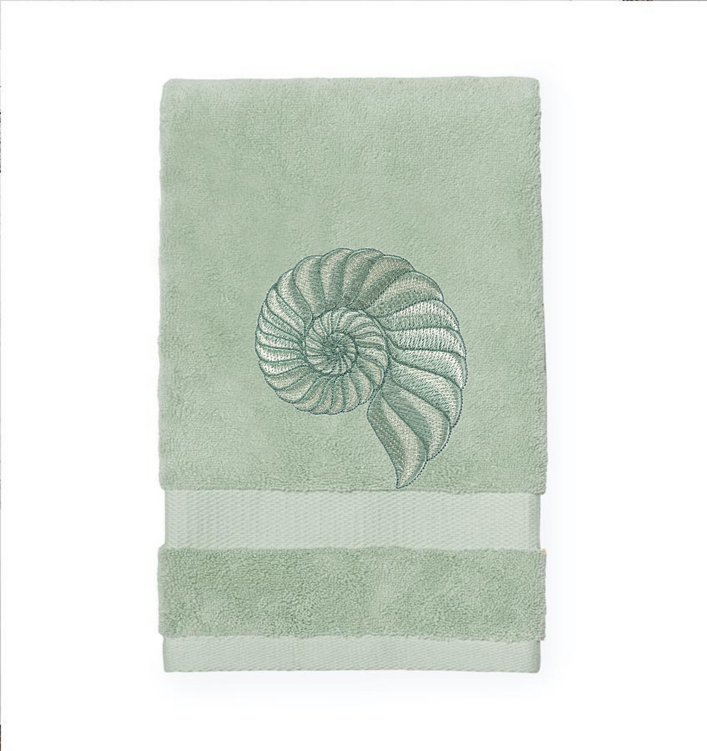 Embroidered Nautilus Shell Hand Towel. Elegant Nautilus in Beige or Green Embroidery with choice of towel color