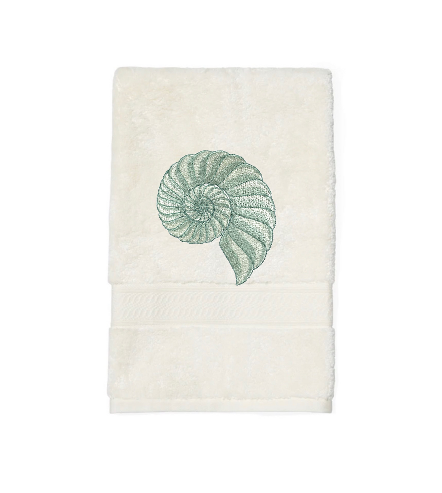 Embroidered Nautilus Shell Hand Towel. Elegant Nautilus in Beige or Green Embroidery with choice of towel color