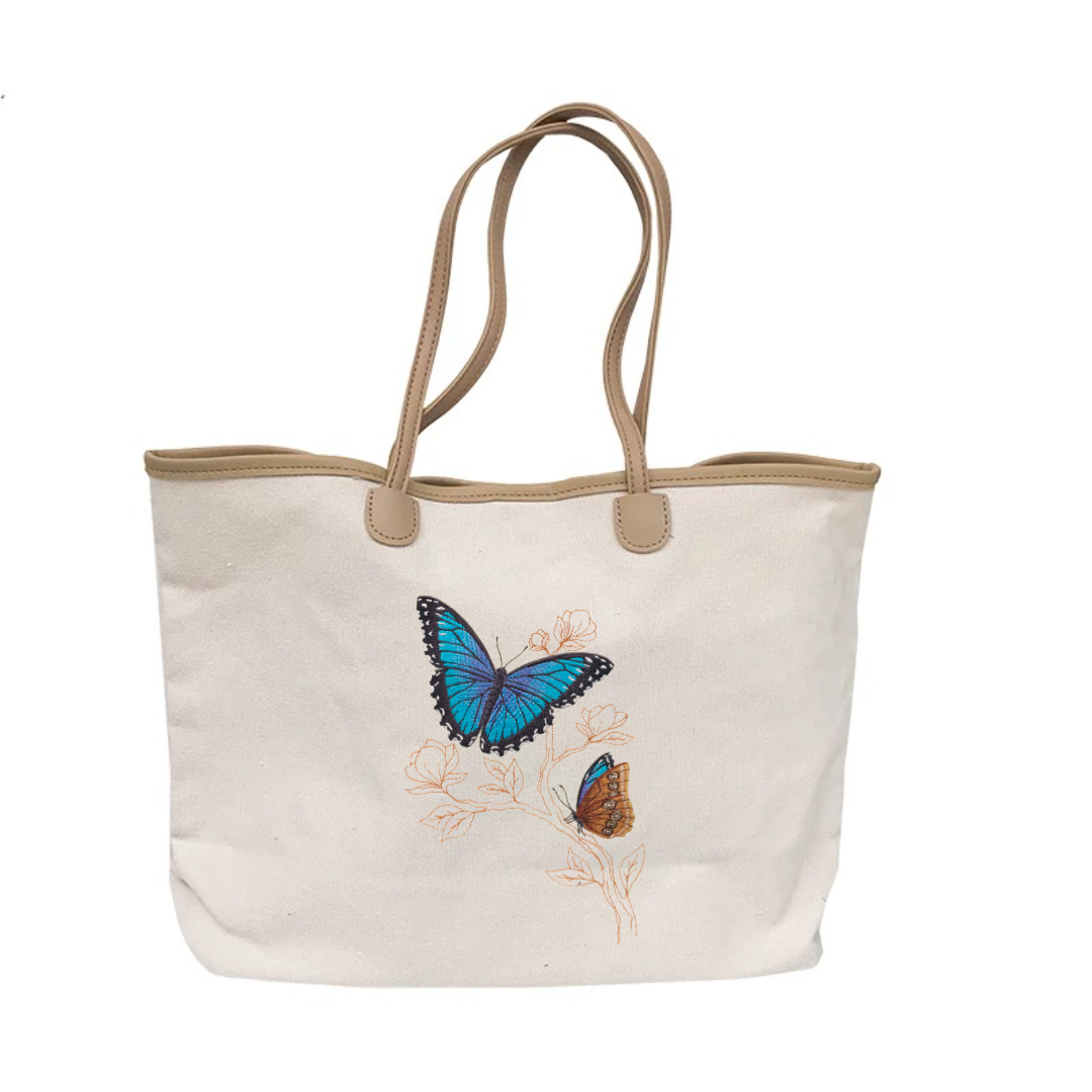 Butterflies Embroidered Cotton Canvas Market Bag. Choice of 5 different bags and 6 different butterflies