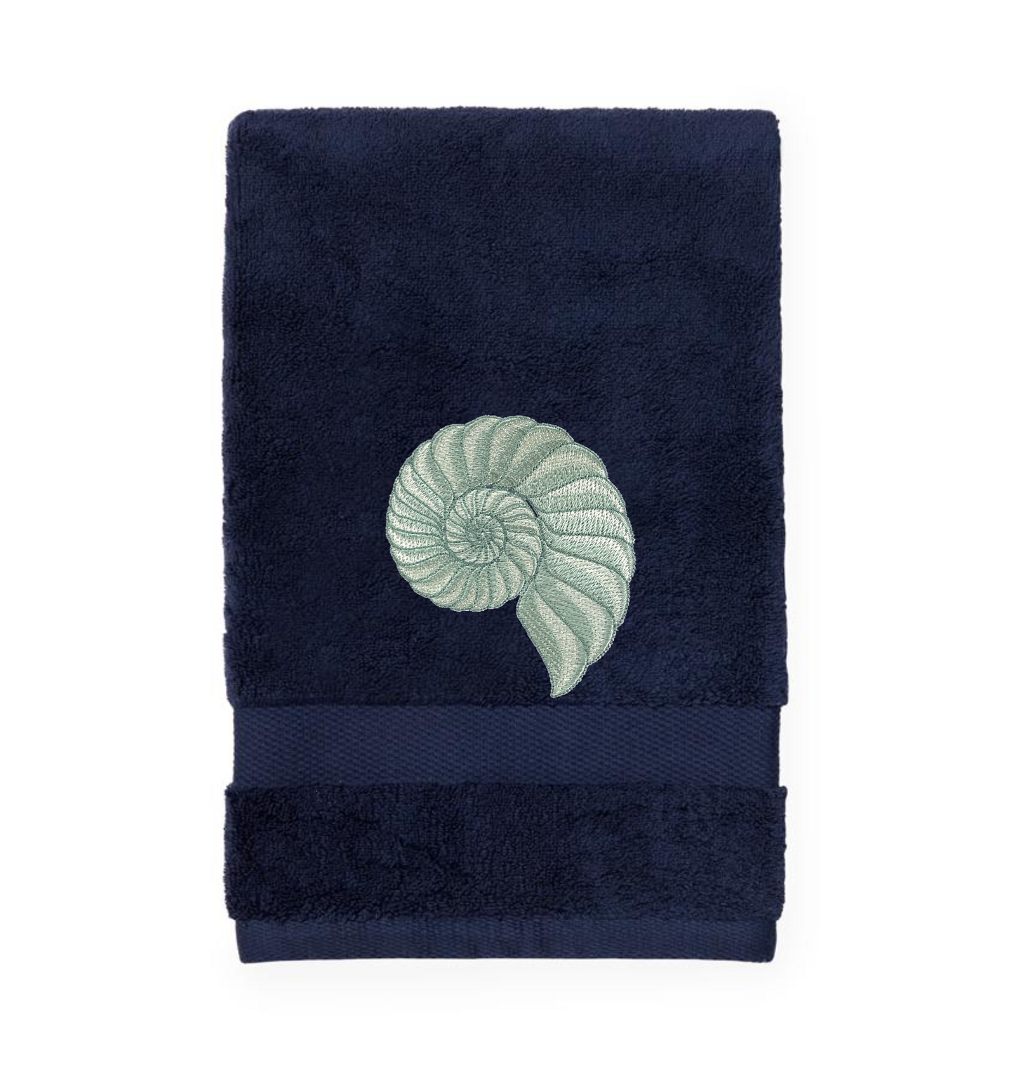 Embroidered Nautilus Shell Hand Towel. Elegant Nautilus in Beige or Green Embroidery with choice of towel color