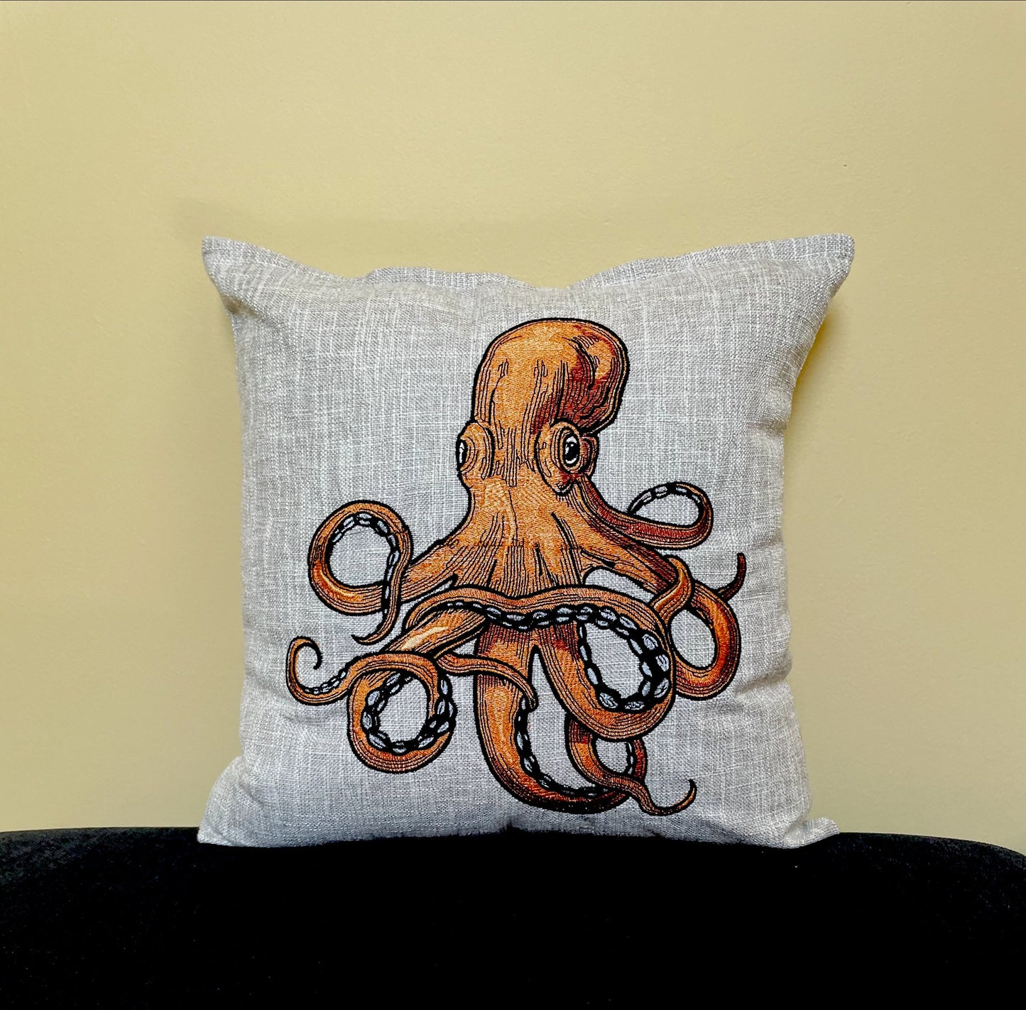 Octopus Throw Pillow Cover 16” x 16” Cotton Cover Zip Closure. Embroidered Octopus