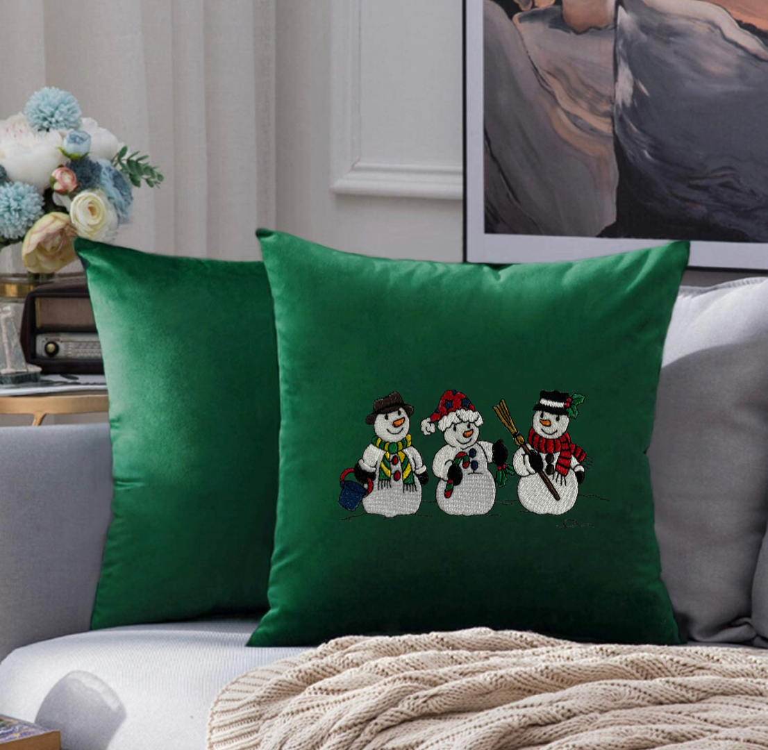 Snowmen Embroidered Throw Pillow Cover 18" x 18” Cotton or Velvet Accent Pillow Cover Zip Closure.