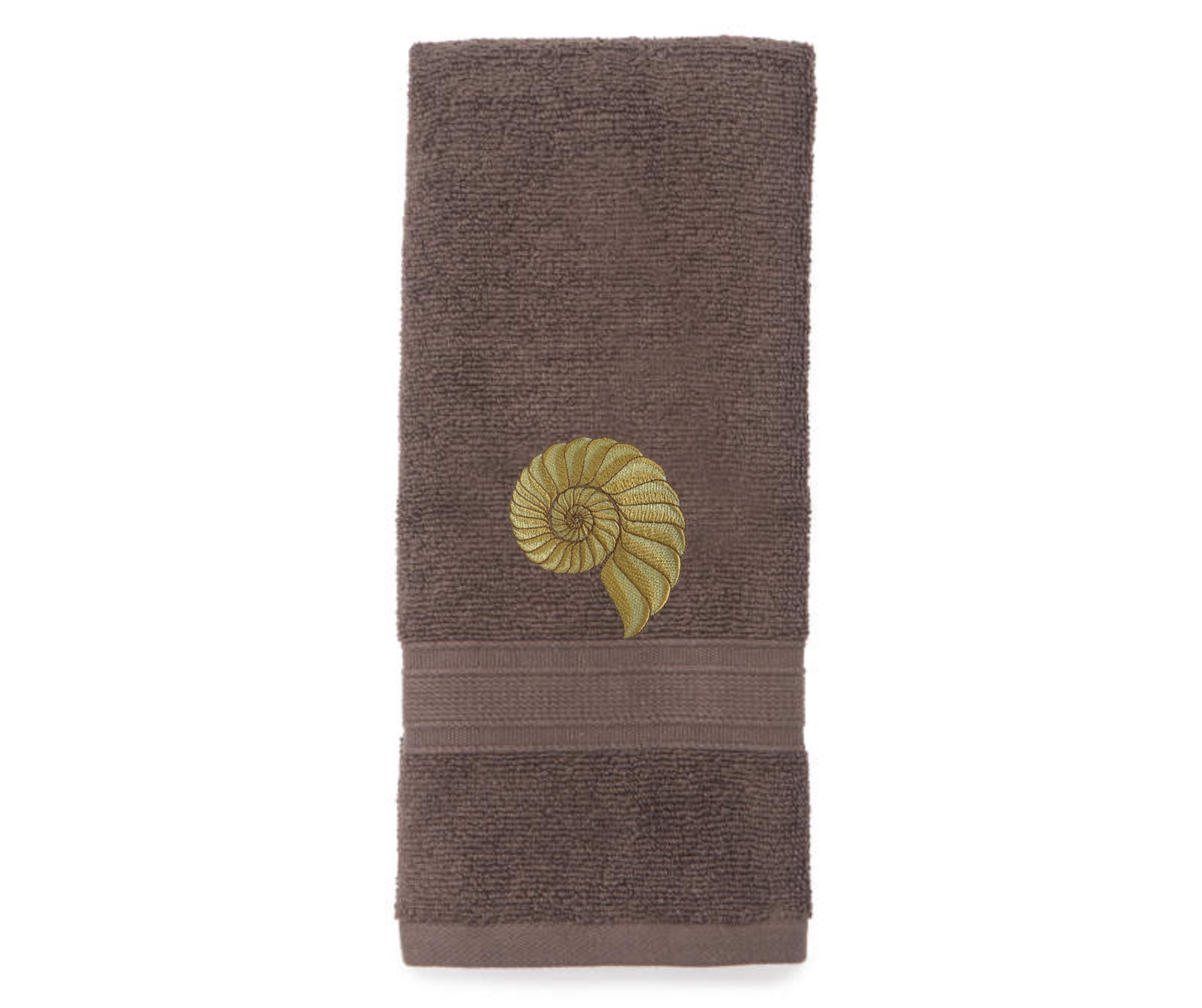 Embroidered Nautilus Shell Hand Towel. Elegant Nautilus in Beige or Green Embroidery with choice of towel color