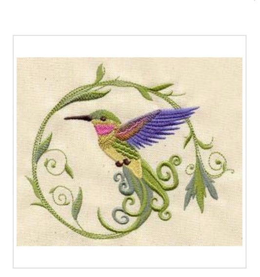 Hummingbird Embroidered Towel. Hummingbird in Flight with Long Swirled Tail Feathers