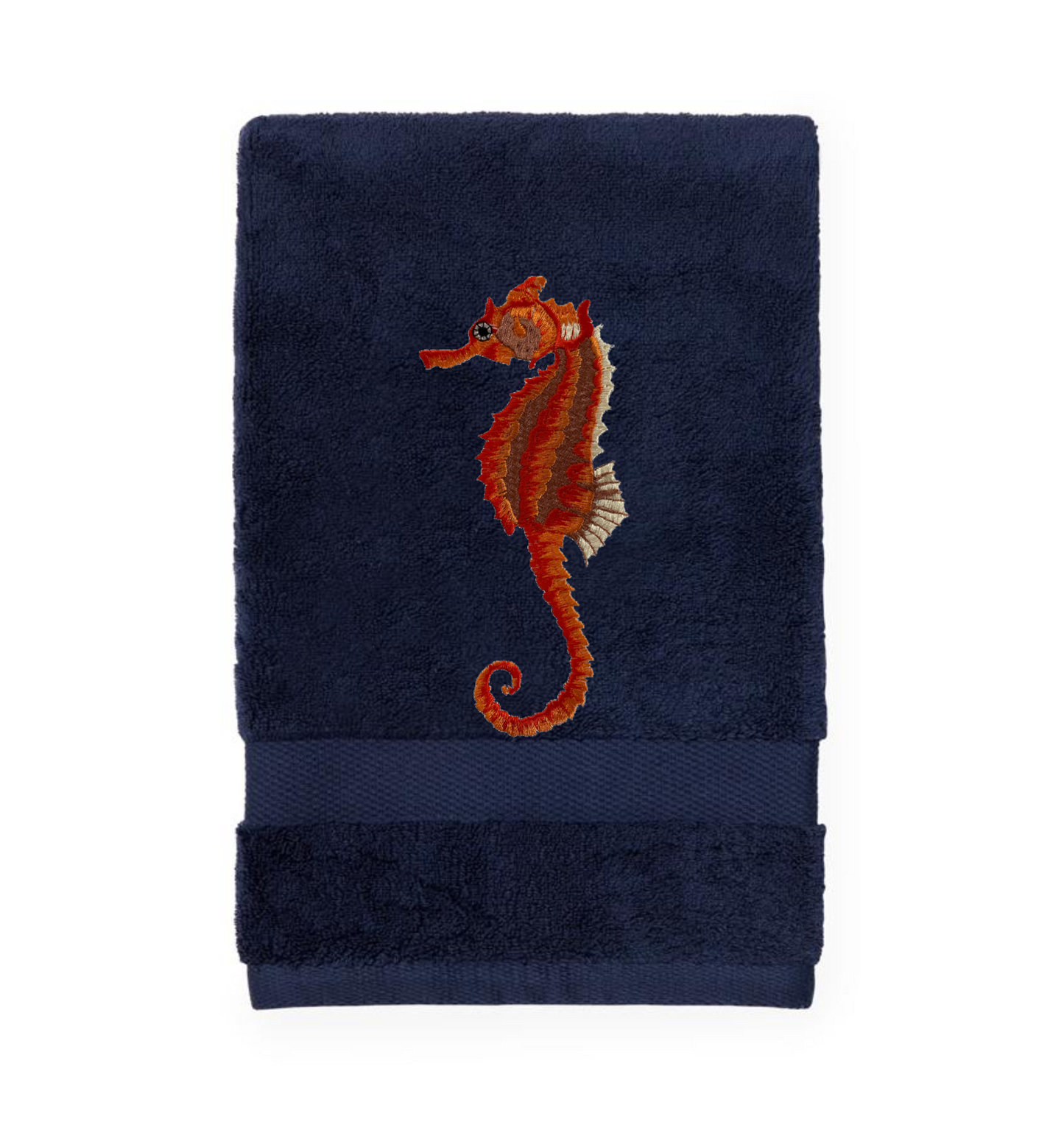 Seahorse Embroidered Bath Hand Towel. Beautifully Detailed Vibrant Orange Shades