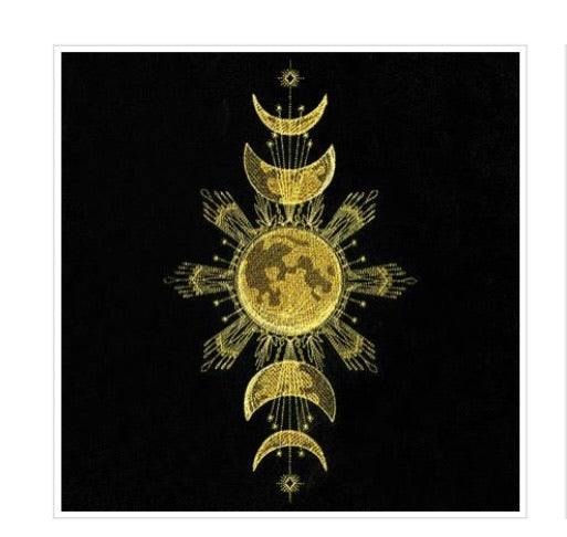 Moon Phases Altar Cloth. Beautifully detailed moon phases can be embroidered in gold, silver or white