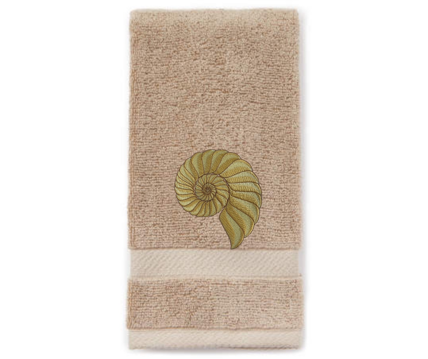 Embroidered Nautilus Shell Hand Towel. Elegant Nautilus in Beige or Green Embroidery with choice of towel color