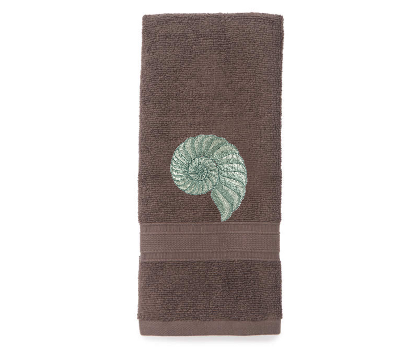 Embroidered Nautilus Shell Hand Towel. Elegant Nautilus in Beige or Green Embroidery with choice of towel color