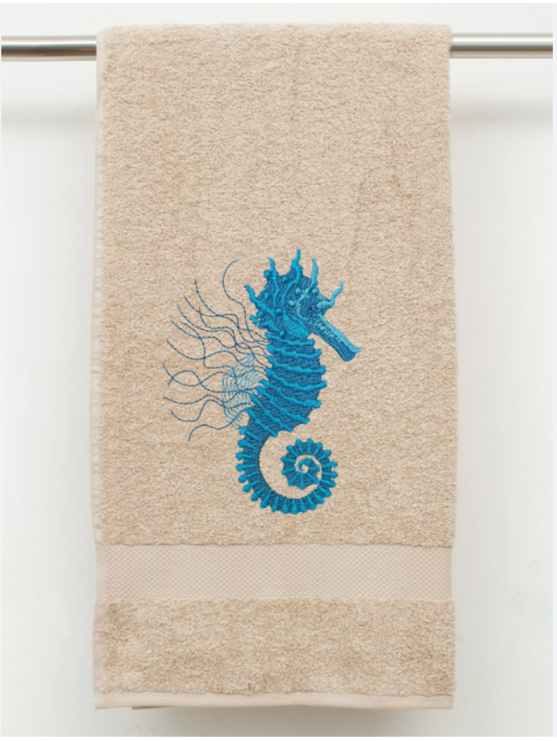 Seahorse Embroidered Bath Hand Towel. Beautifully Detailed in Turquoise Shades