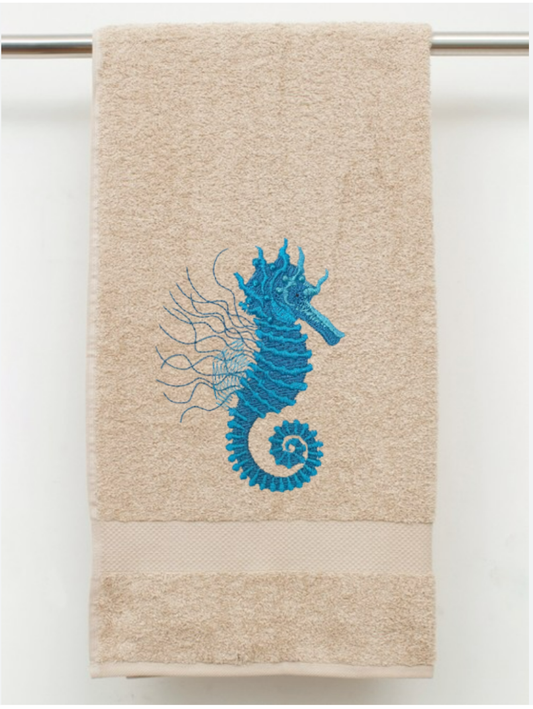 Seahorse Embroidered Towel. Beautifully Detailed in Turquoise Shades