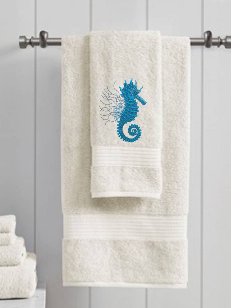 Seahorse Embroidered Bath Hand Towel. Beautifully Detailed in Turquoise Shades