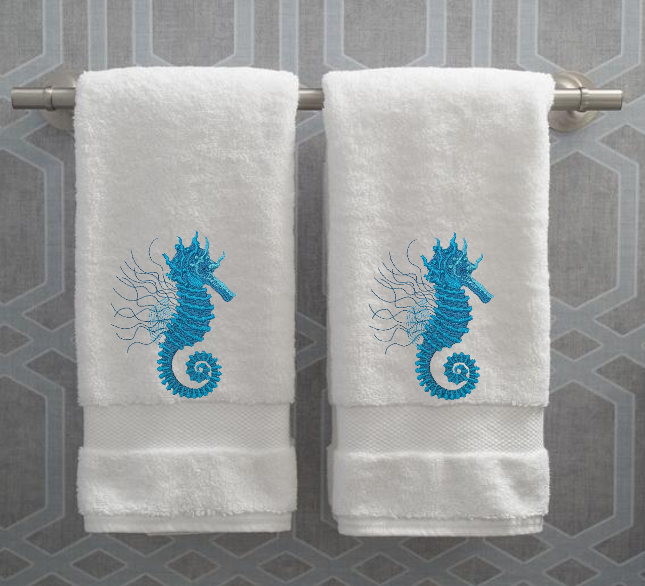 Seahorse Embroidered Bath Hand Towel. Beautifully Detailed in Turquoise Shades