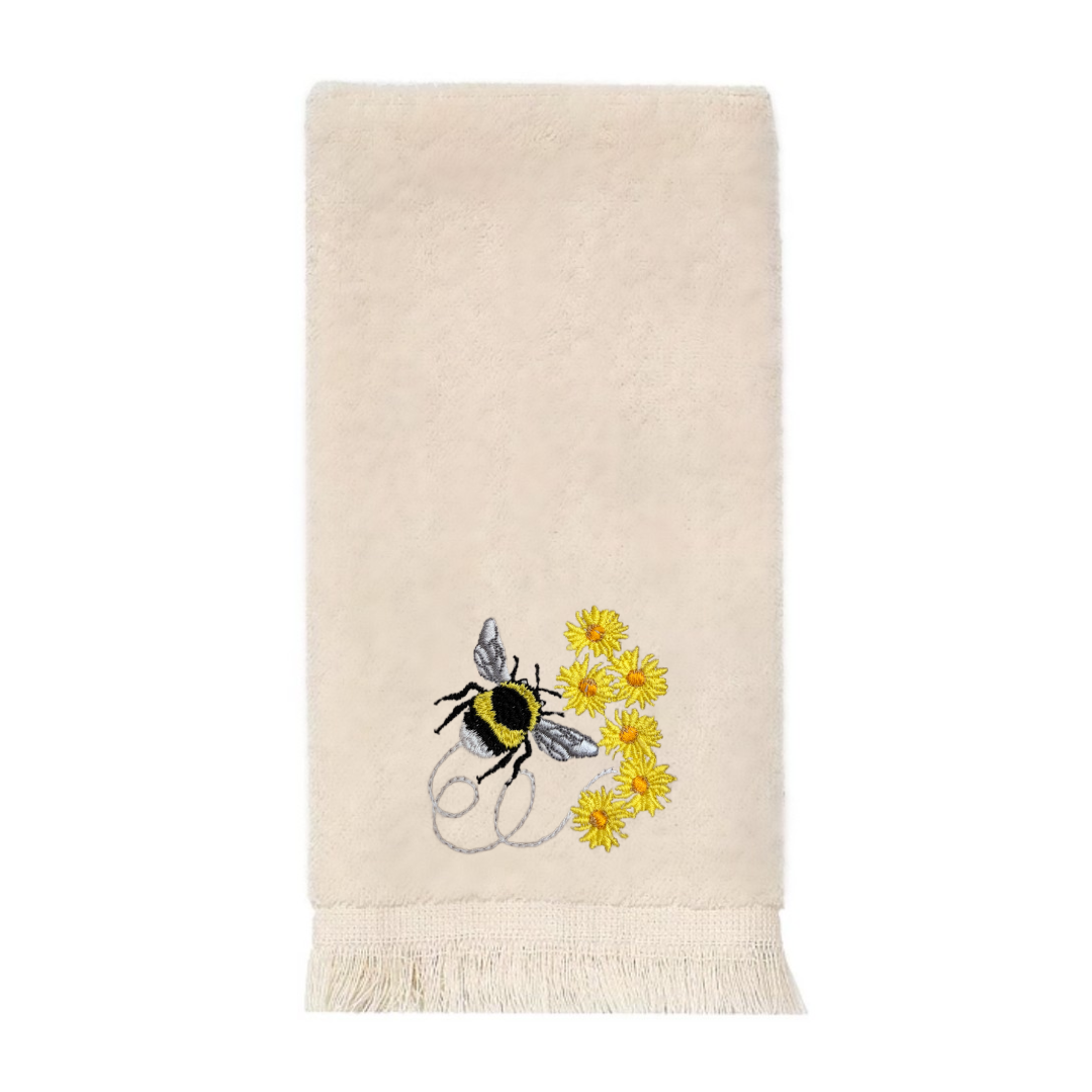 Embroidered Bumble Bee Fingertip Towel. A touch of sunshine, stitched in elegance.