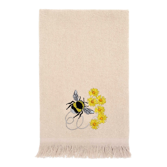 Embroidered Bumble Bee Fingertip Towel. A touch of sunshine, stitched in elegance.