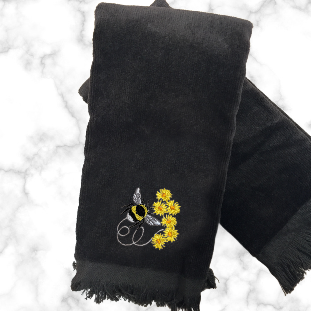 Embroidered Bumble Bee Fingertip Towel. A touch of sunshine, stitched in elegance.