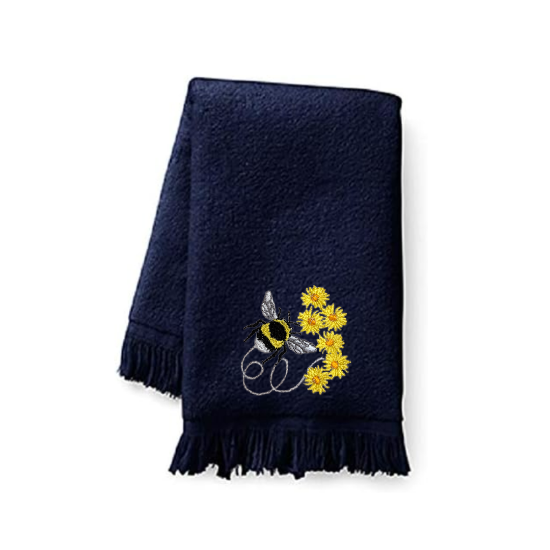 Embroidered Bumble Bee Fingertip Towel. A touch of sunshine, stitched in elegance.
