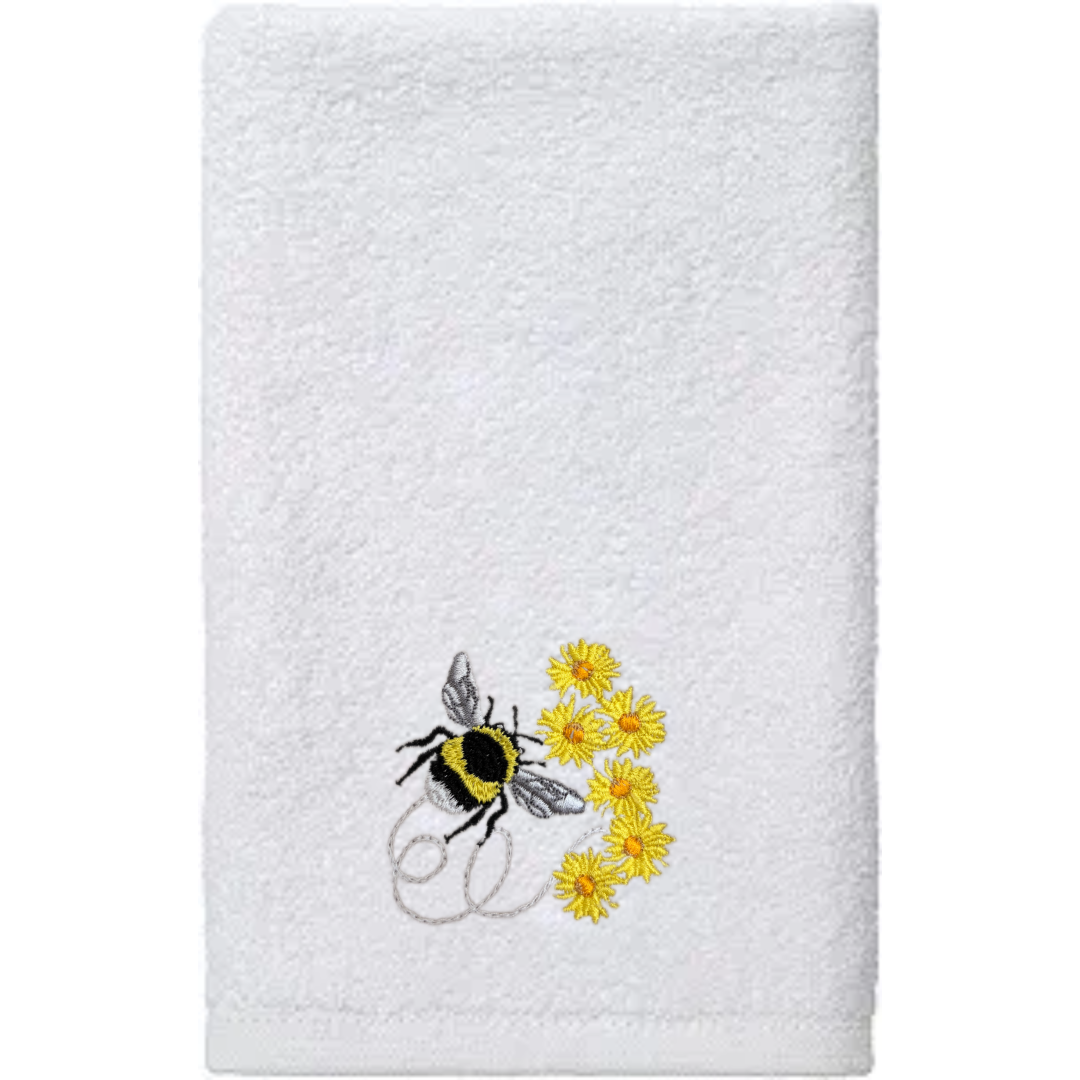 Embroidered Bumble Bee Fingertip Towel. A touch of sunshine, stitched in elegance.