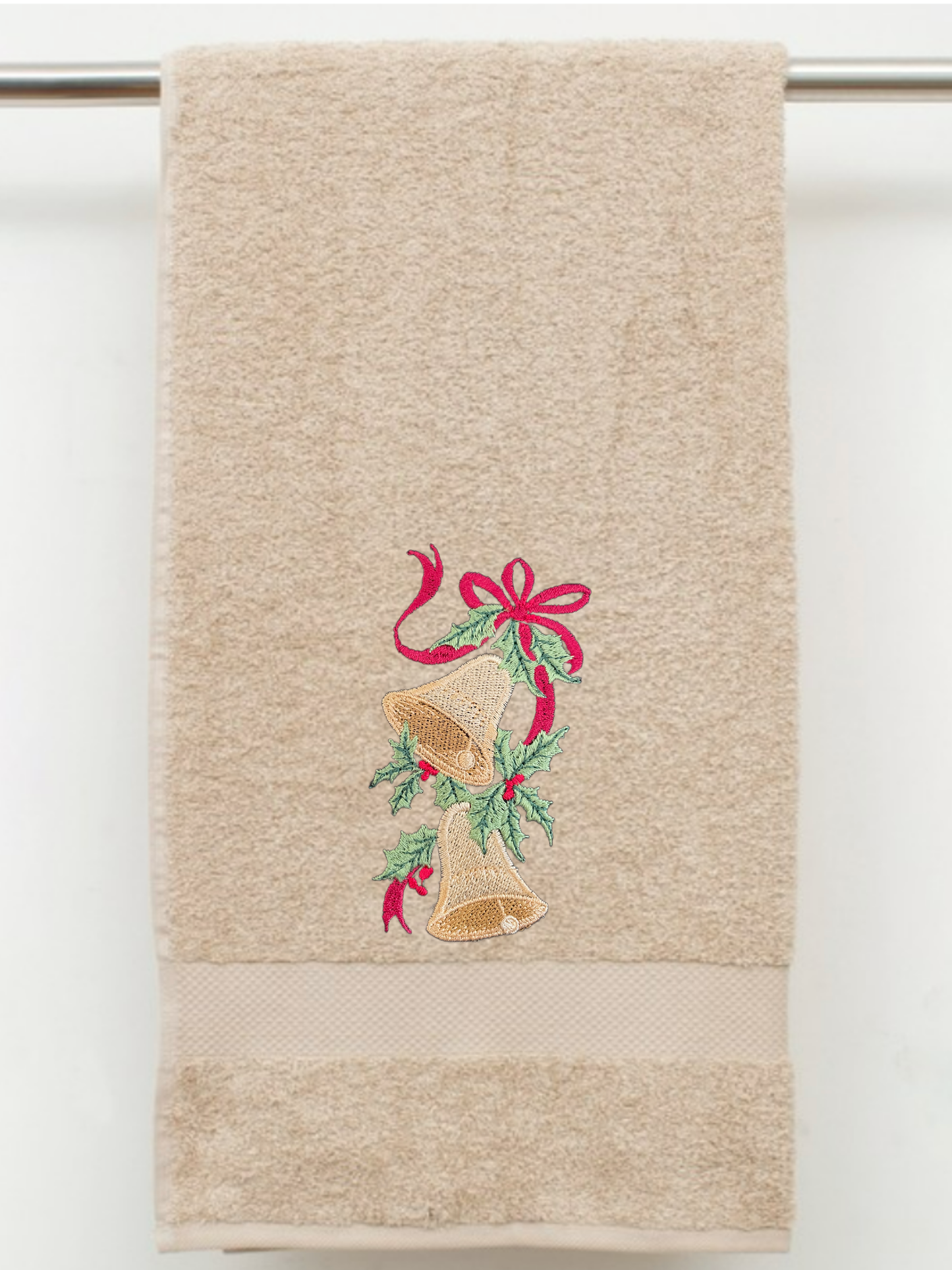 Embroidered Winter Christmas Bells Towels. 100% Plush Cotton Hand or Fingertip Towel