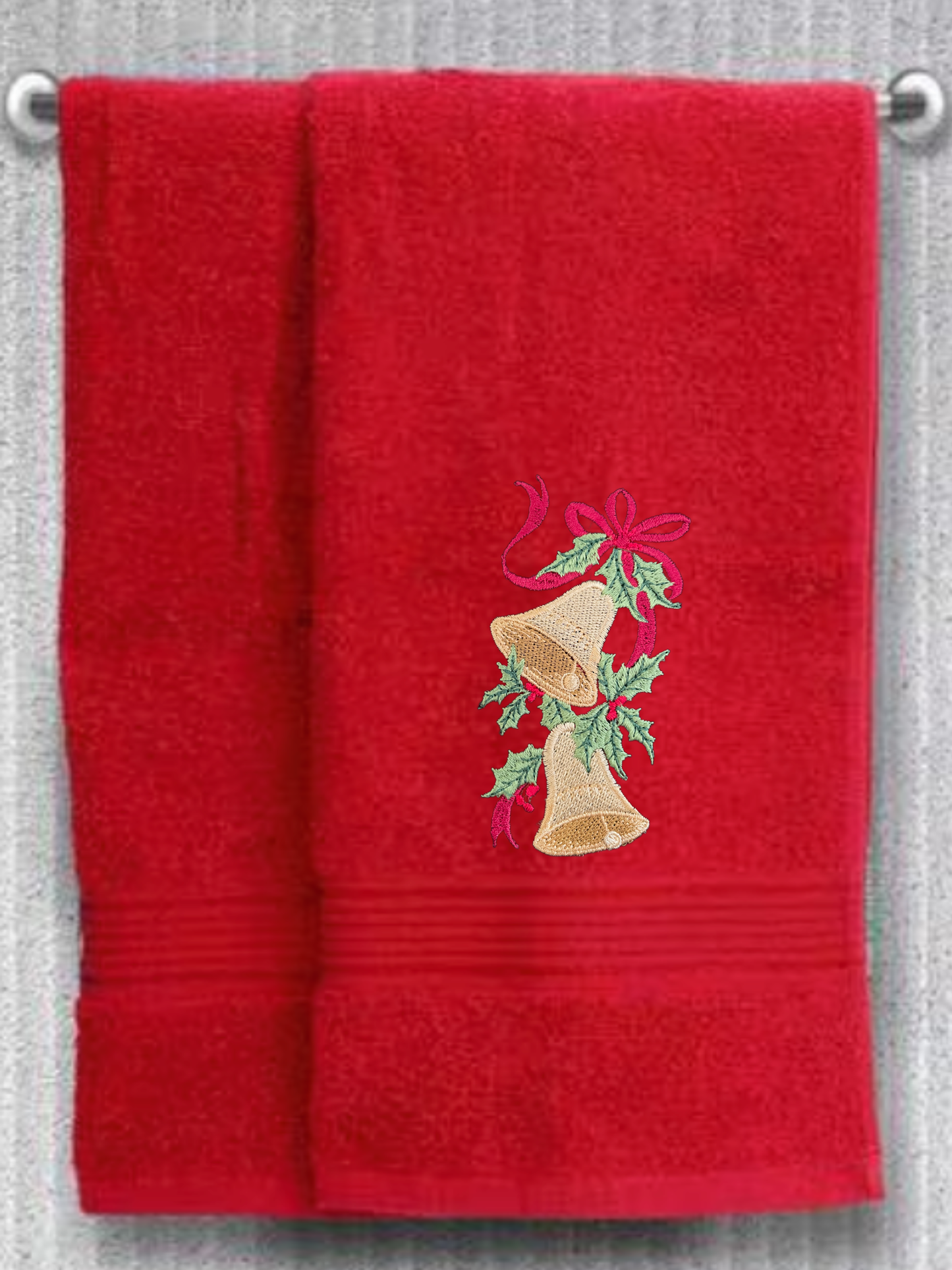 Embroidered Winter Christmas Bells Towels. 100% Plush Cotton Hand or Fingertip Towel