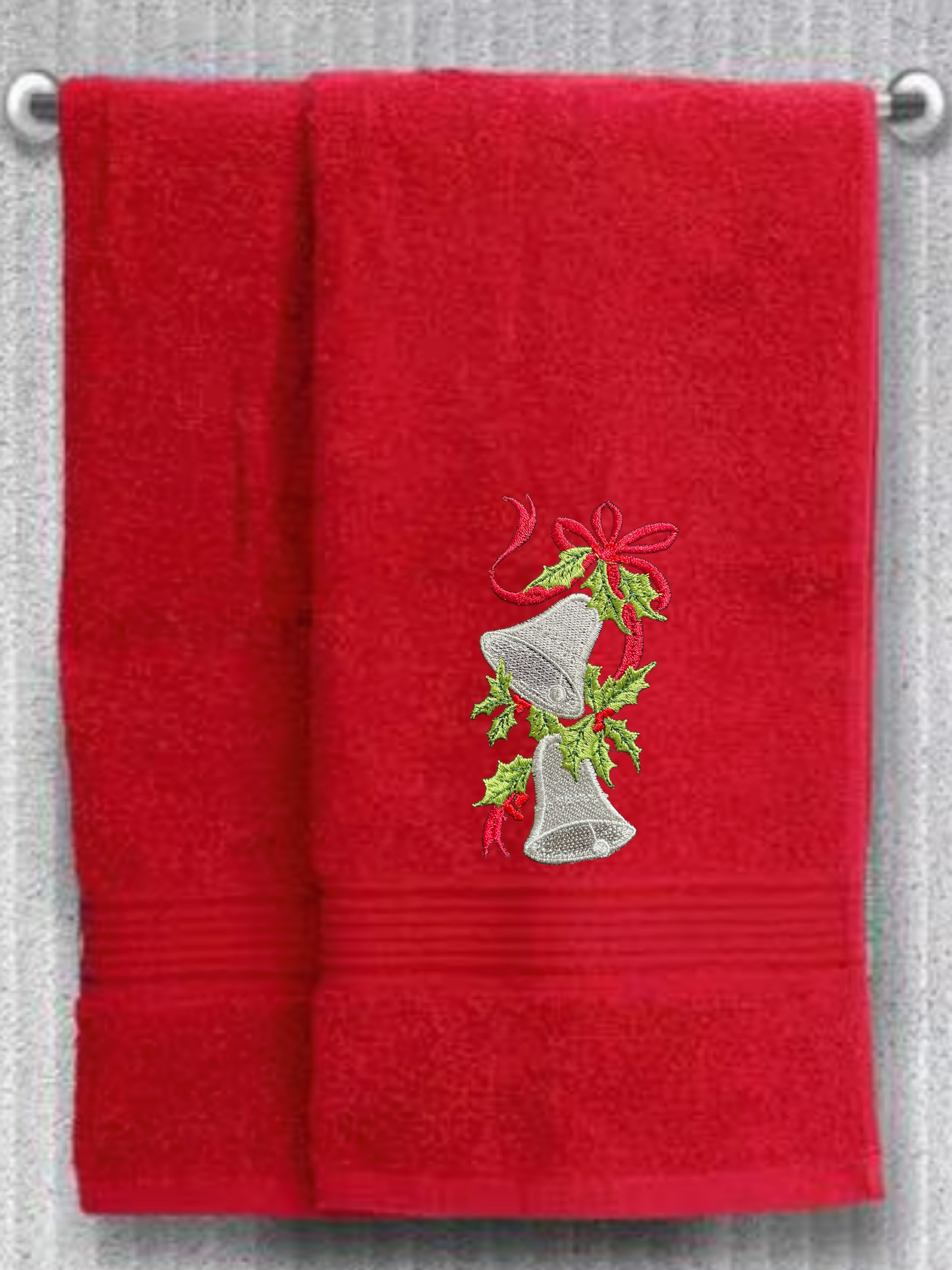 Embroidered Winter Christmas Bells Towels. 100% Plush Cotton Hand or Fingertip Towel