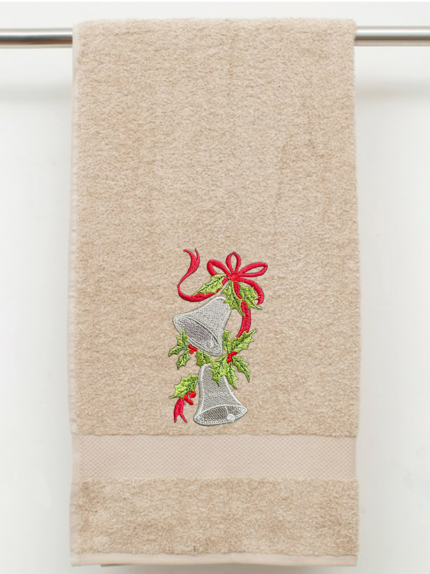 Embroidered Winter Christmas Bells Towels. 100% Plush Cotton Hand or Fingertip Towel