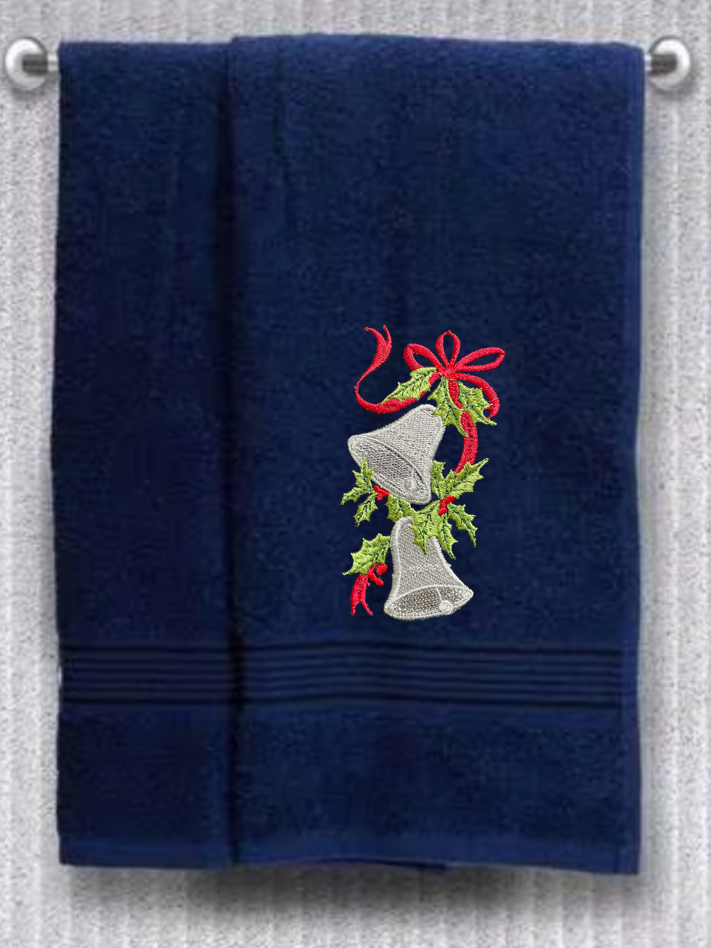 Embroidered Winter Christmas Bells Towels. 100% Plush Cotton Hand or Fingertip Towel