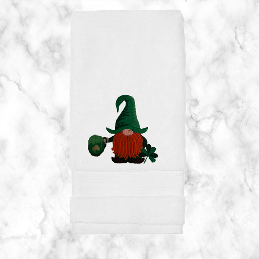 Embroidered Gnome St. Patrick's Day Towel. Choice of Gnome with Pot o' Gold or Beer
