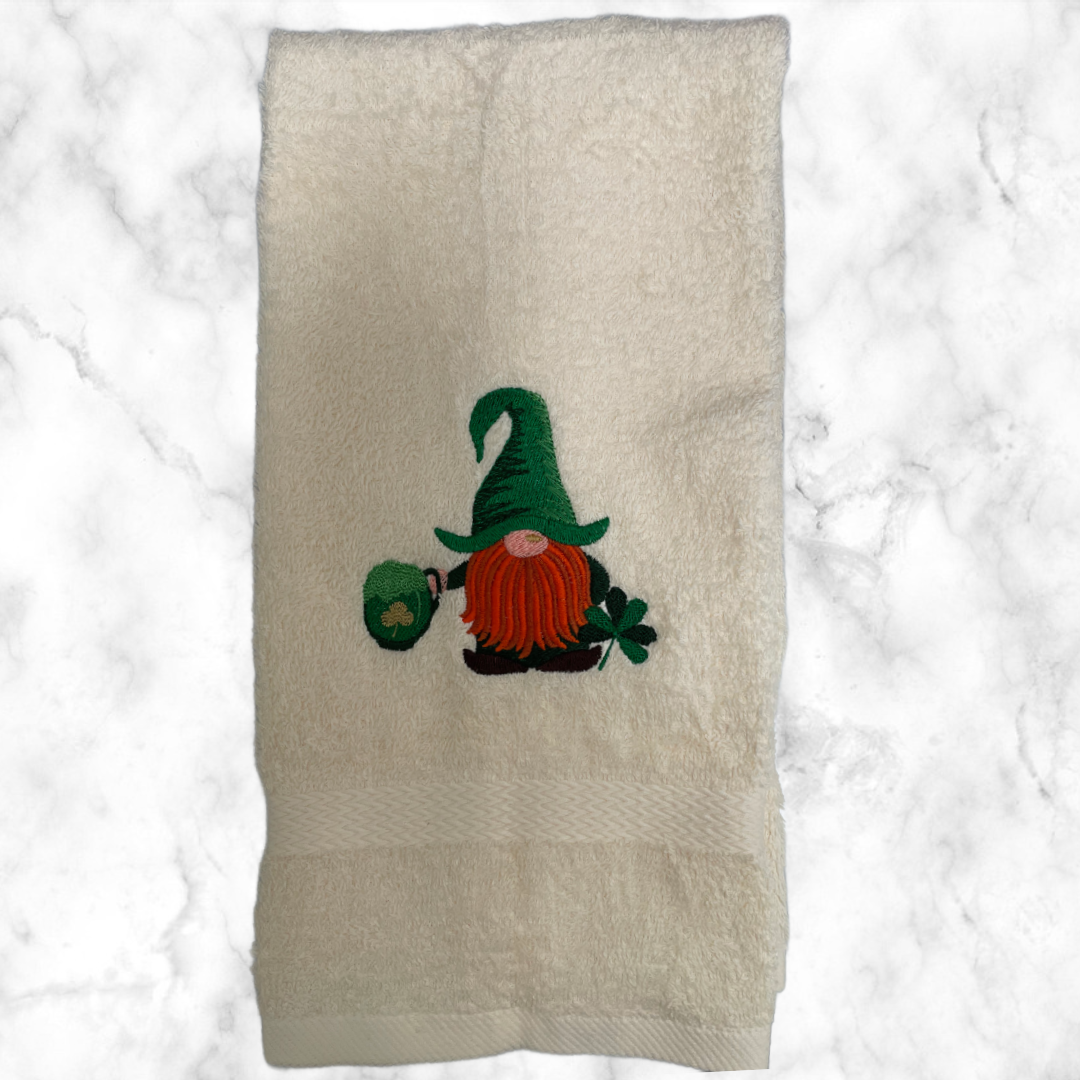 Embroidered Gnome St. Patrick's Day Towel. Choice of Gnome with Pot o' Gold or Beer