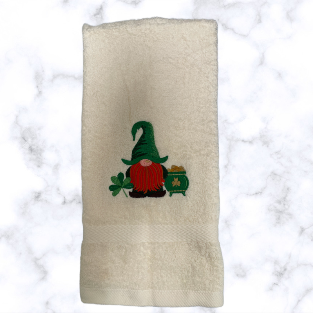 Embroidered Gnome St. Patrick's Day Towel. Choice of Gnome with Pot o' Gold or Beer