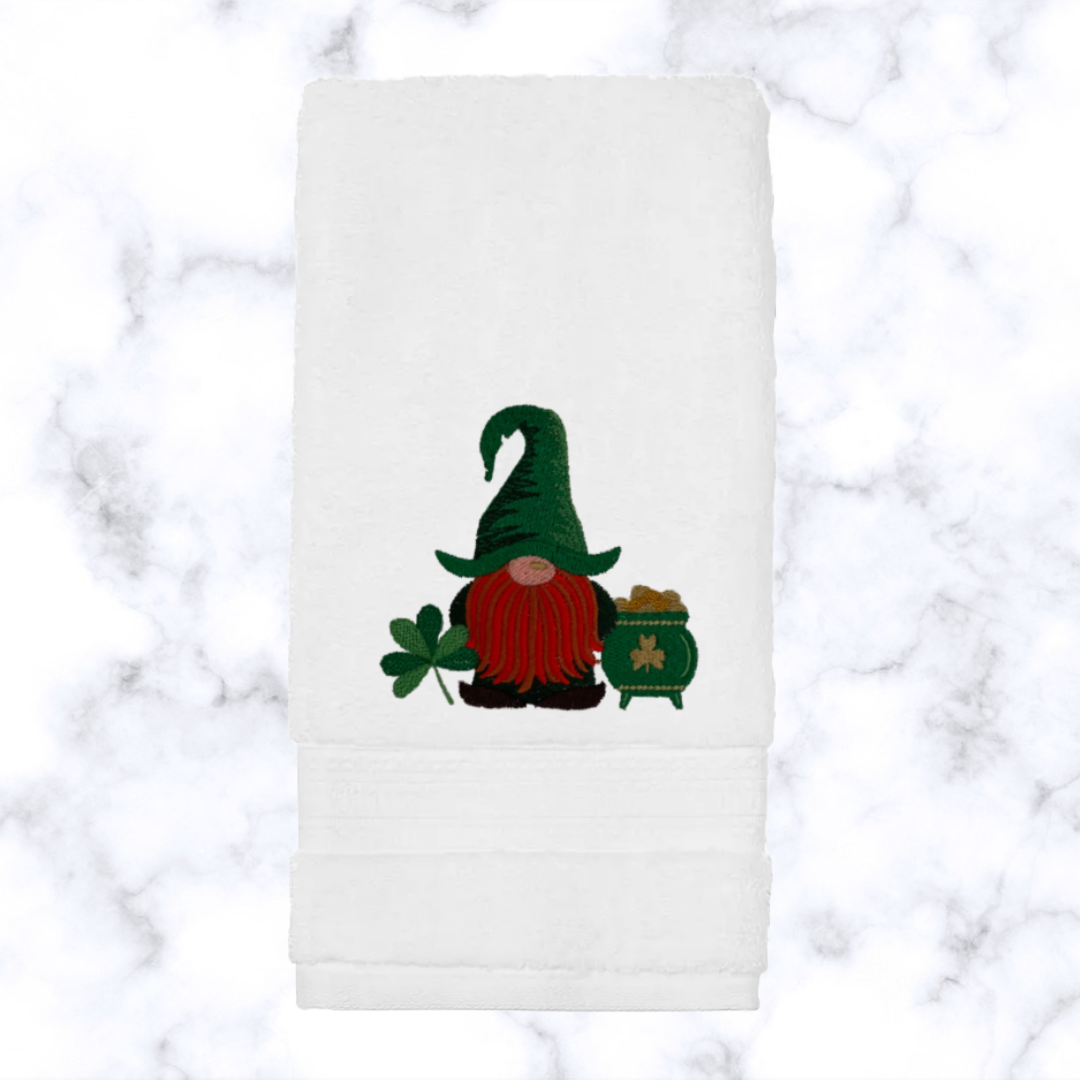 Embroidered Gnome St. Patrick's Day Towel. Choice of Gnome with Pot o' Gold or Beer