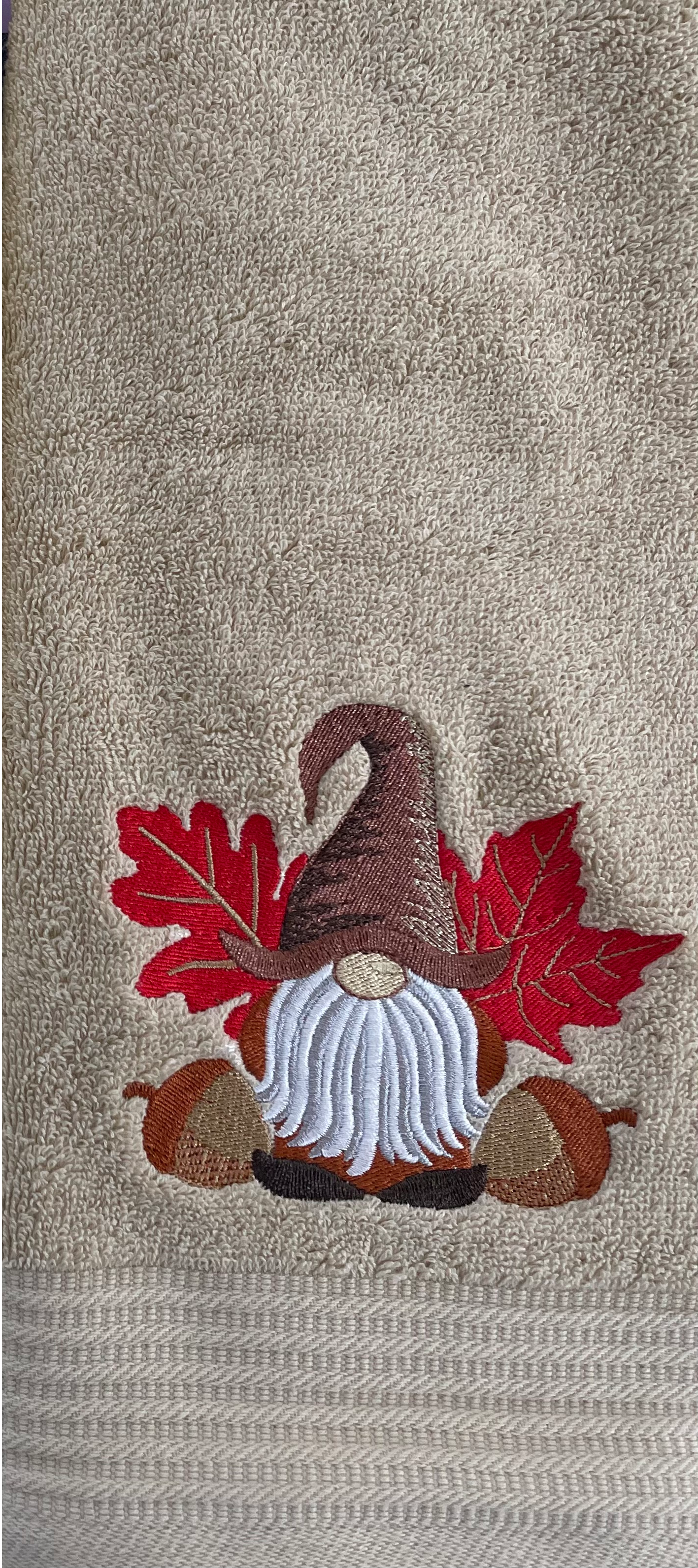 Fall Gnome Embroidered Bath Towels. 100% Cotton Hand or Fingertip Towel