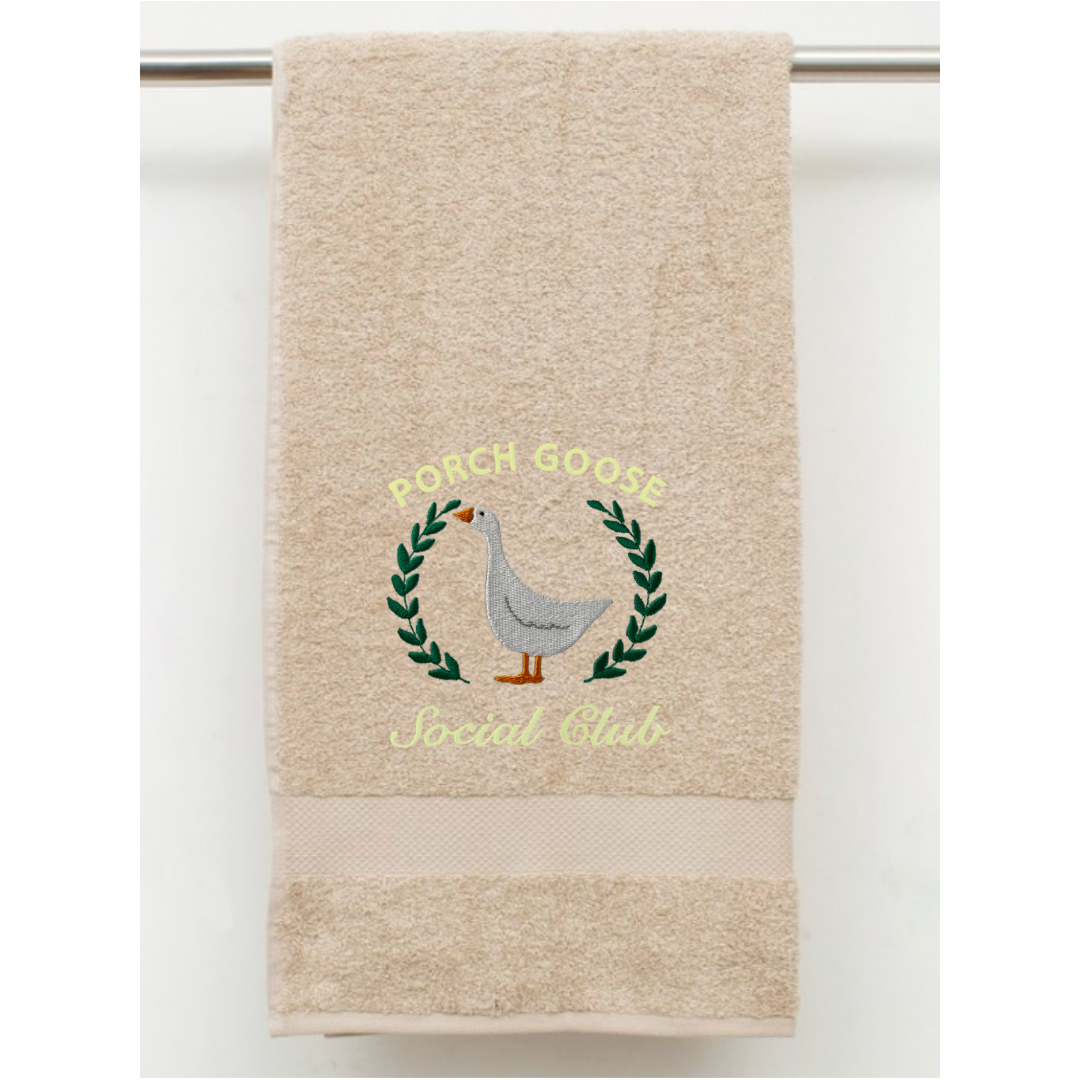 Embroidered Porch Goose Social Club on Hand Towel. Adorable Porch Goose on Plush Cotton Hand Towel