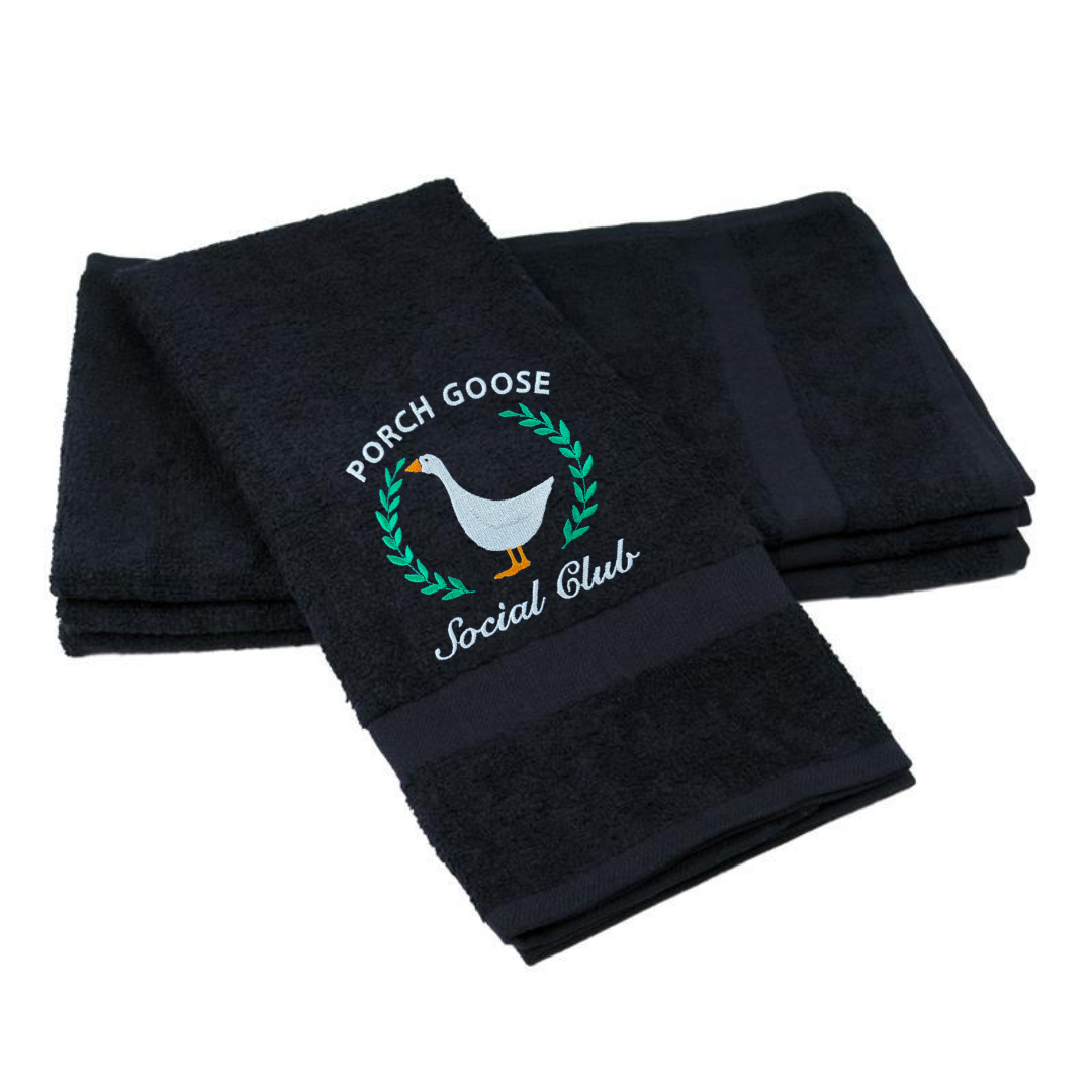Embroidered Porch Goose Social Club on Hand Towel. Adorable Porch Goose on Plush Cotton Hand Towel