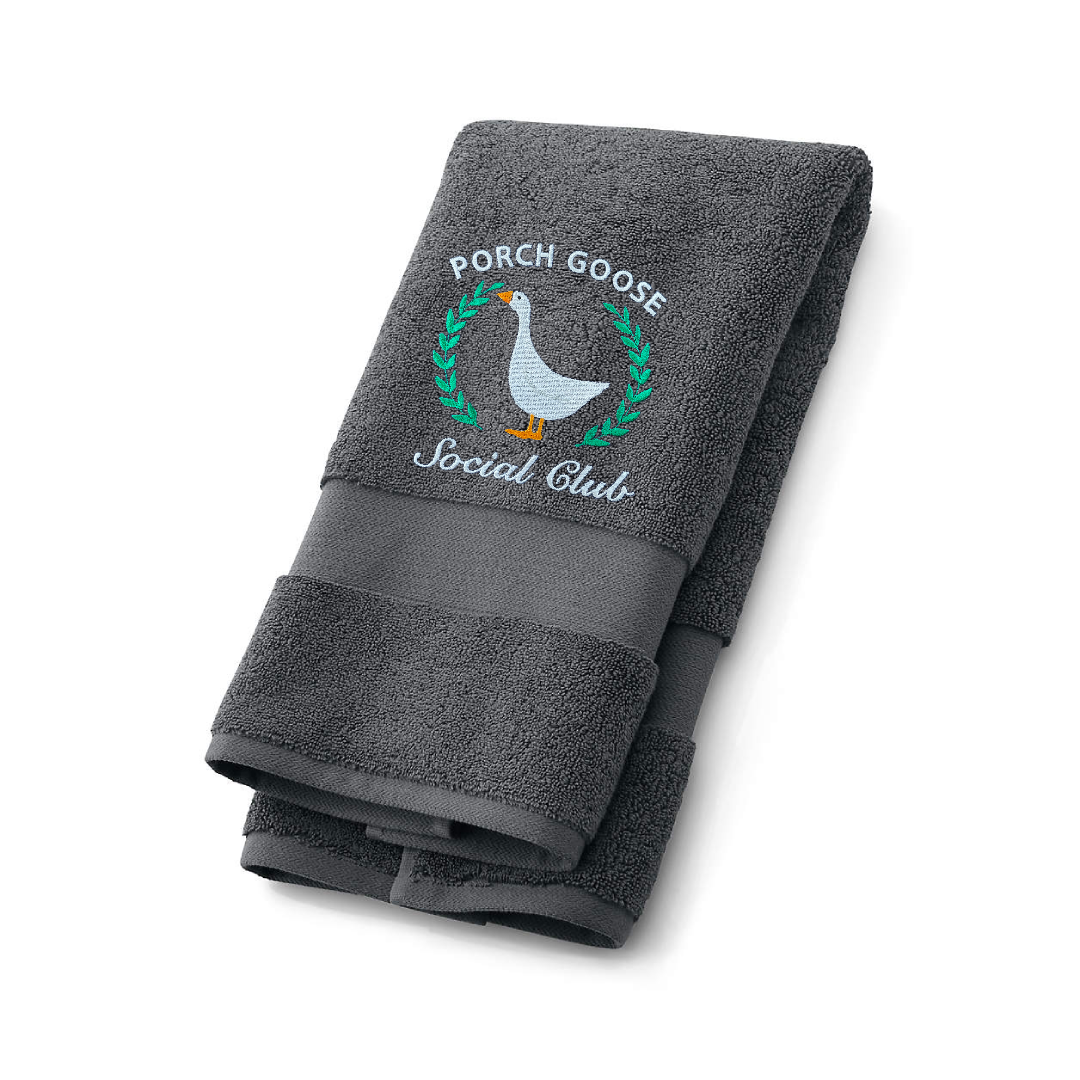Embroidered Porch Goose Social Club on Hand Towel. Adorable Porch Goose on Plush Cotton Hand Towel
