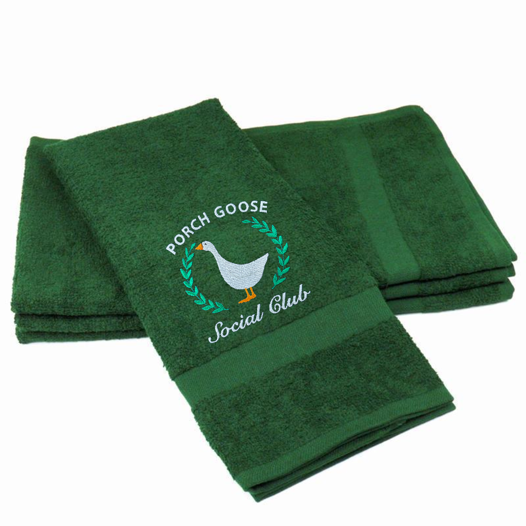 Embroidered Porch Goose Social Club on Hand Towel. Adorable Porch Goose on Plush Cotton Hand Towel