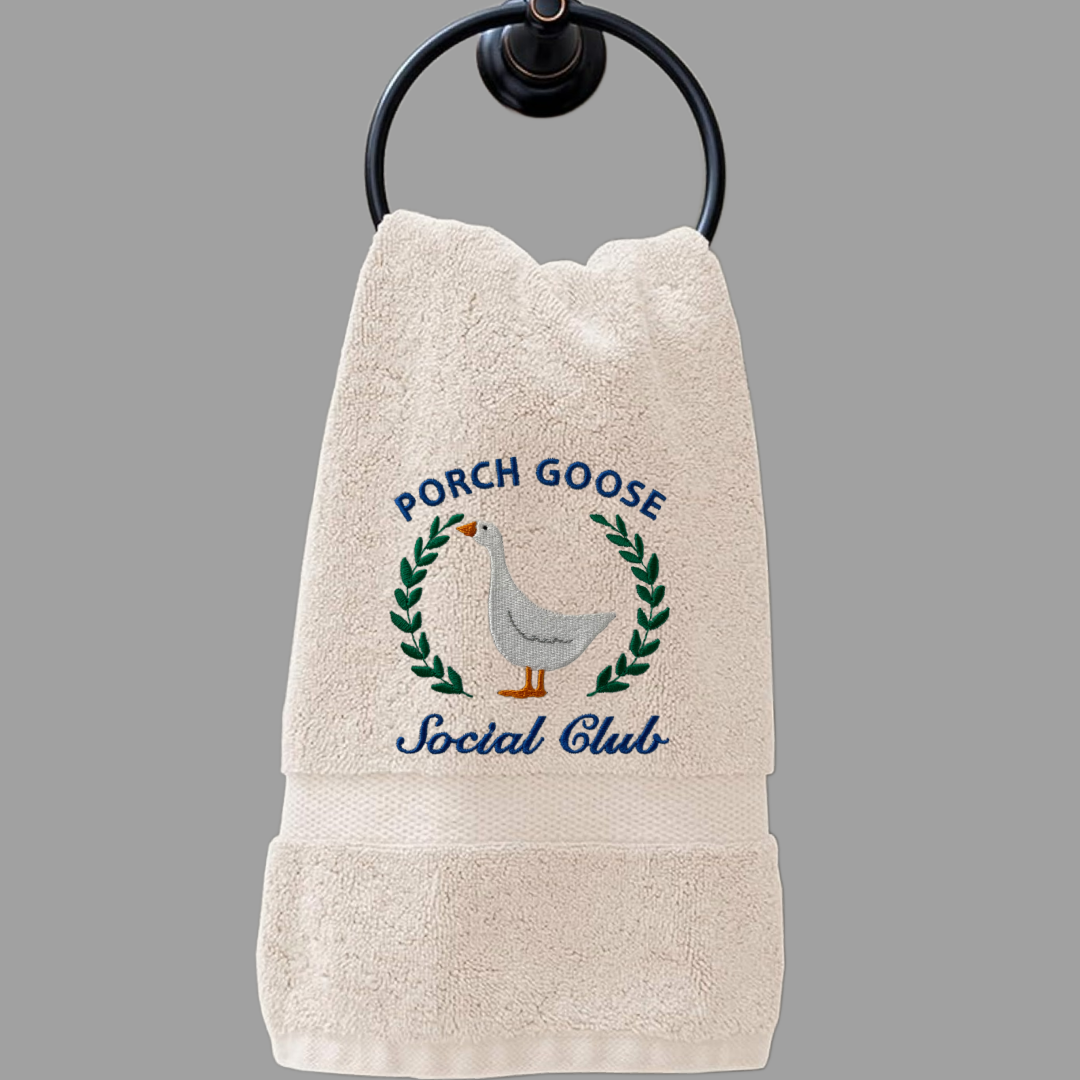 Embroidered Porch Goose Social Club on Hand Towel. Adorable Porch Goose on Plush Cotton Hand Towel