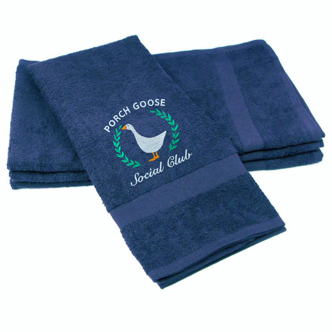 Embroidered Porch Goose Social Club on Hand Towel. Adorable Porch Goose on Plush Cotton Hand Towel