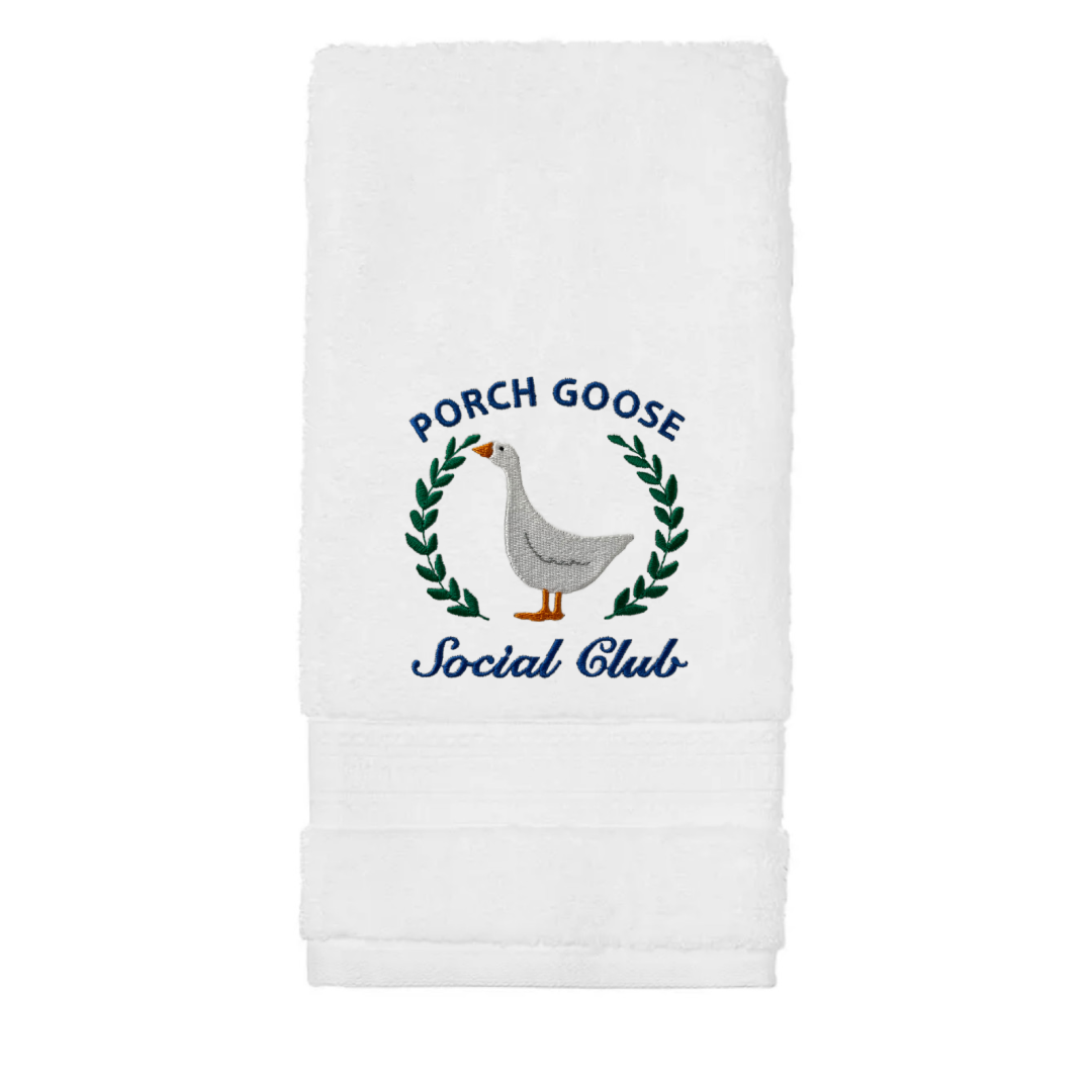 Embroidered Porch Goose Social Club on Hand Towel. Adorable Porch Goose on Plush Cotton Hand Towel