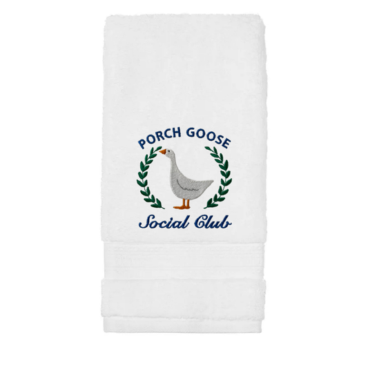 Embroidered Porch Goose Social Club on Hand Towel. Adorable Porch Goose on Plush Cotton Hand Towel