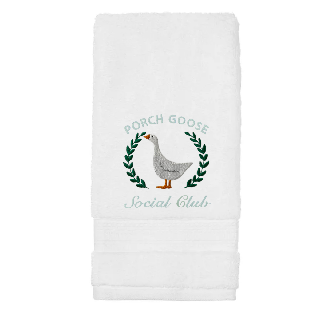 Embroidered Porch Goose Social Club on Hand Towel. Adorable Porch Goose on Plush Cotton Hand Towel