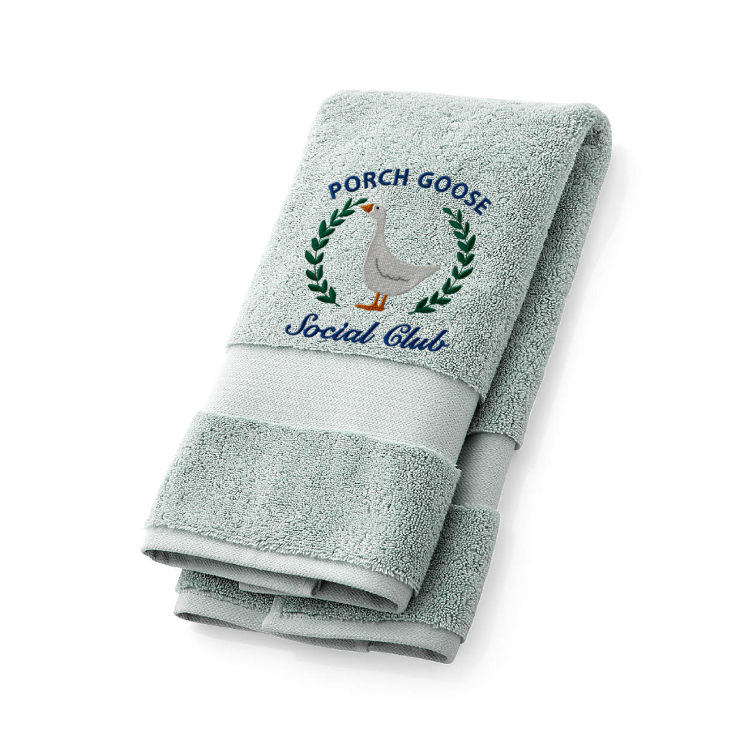 Embroidered Porch Goose Social Club on Hand Towel. Adorable Porch Goose on Plush Cotton Hand Towel