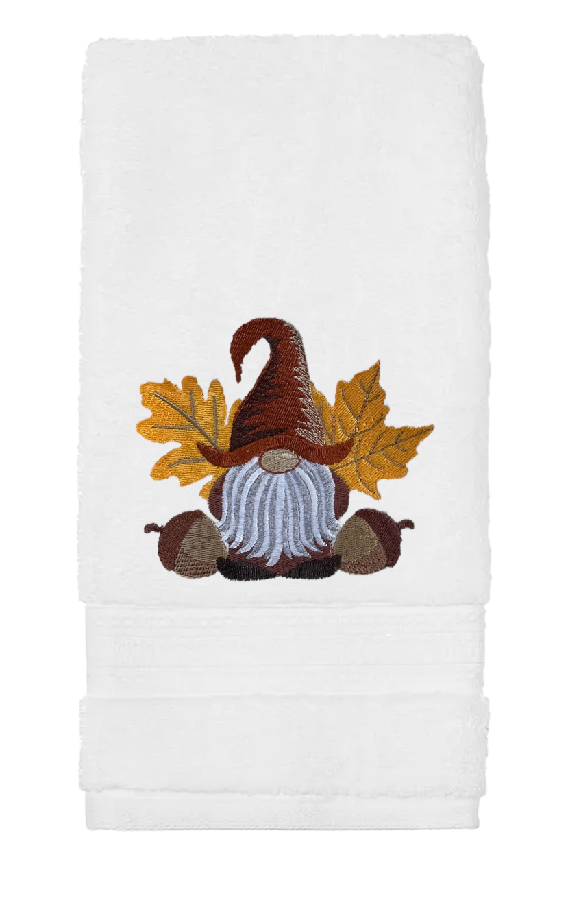 Fall Gnome Embroidered Bath Towels. 100% Cotton Hand or Fingertip Towel