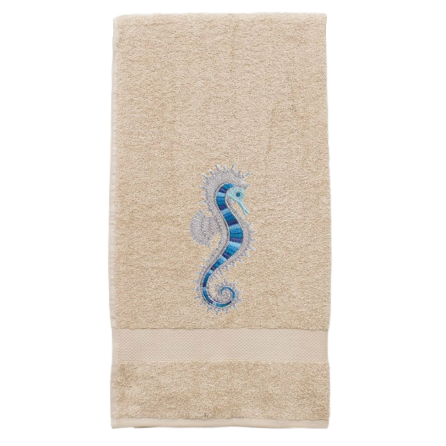 Embroidered Seahorse Bath Hand Towel. Gorgeous Ocean  Seahorse in Blue Shades