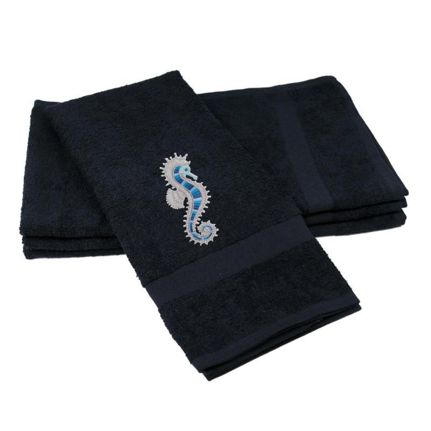 Embroidered Seahorse Bath Hand Towel. Gorgeous Ocean  Seahorse in Blue Shades