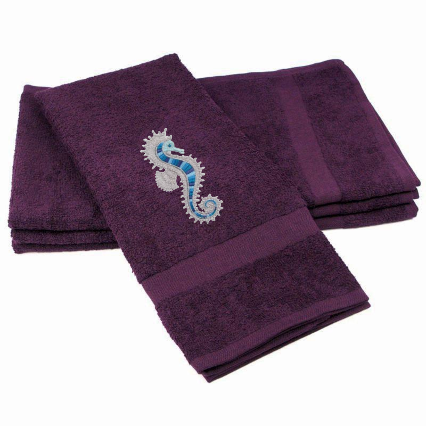 Embroidered Seahorse Bath Hand Towel. Gorgeous Ocean  Seahorse in Blue Shades
