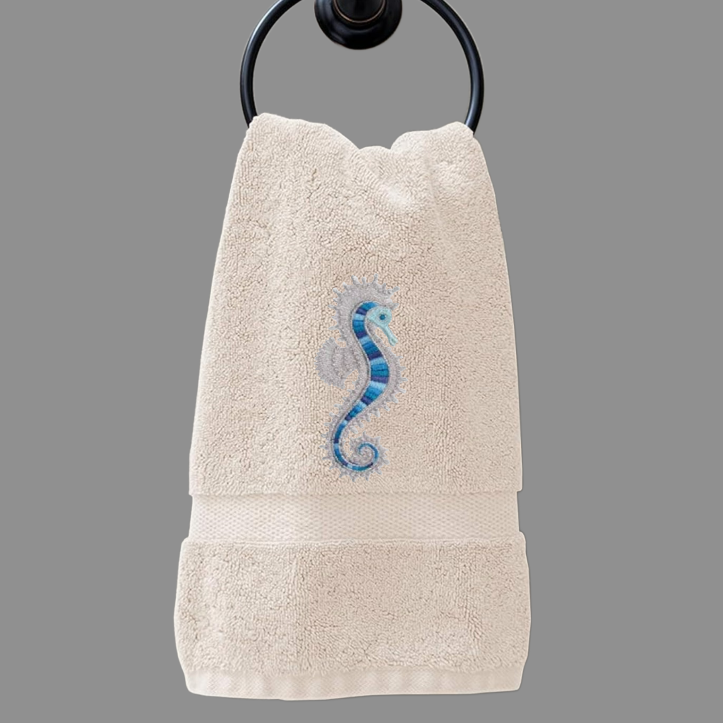 Embroidered Seahorse Bath Hand Towel. Gorgeous Ocean  Seahorse in Blue Shades