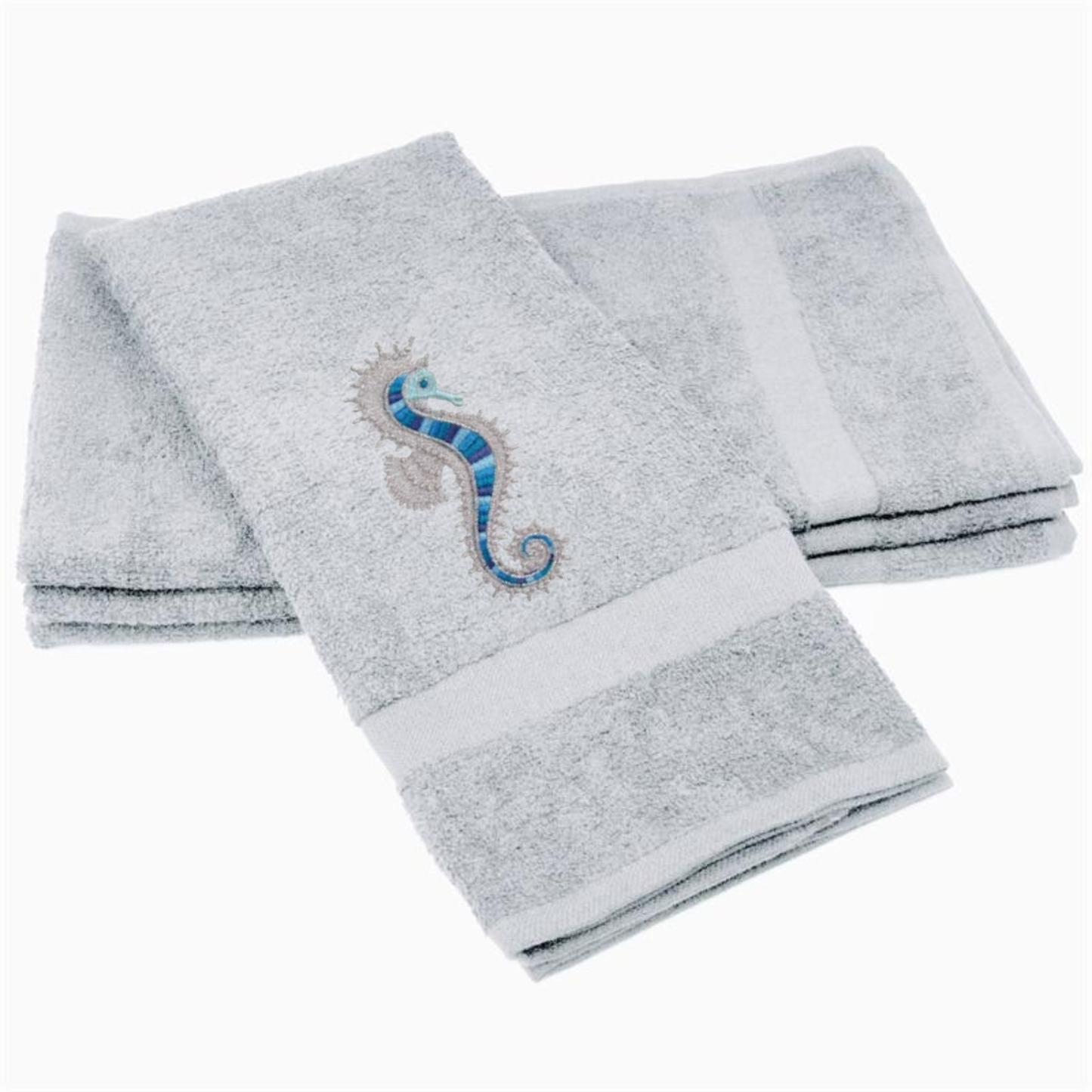Embroidered Seahorse Bath Hand Towel. Gorgeous Ocean  Seahorse in Blue Shades
