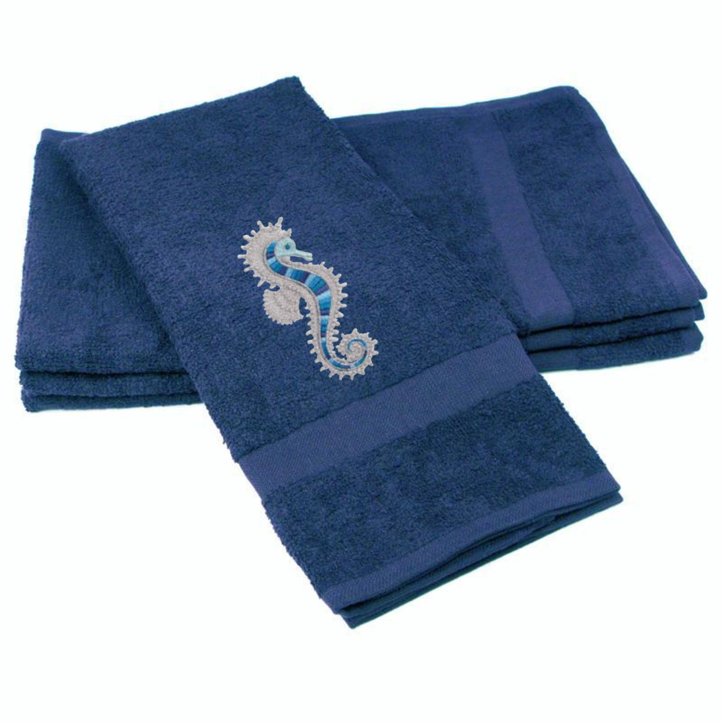 Embroidered Seahorse Bath Hand Towel. Gorgeous Ocean  Seahorse in Blue Shades