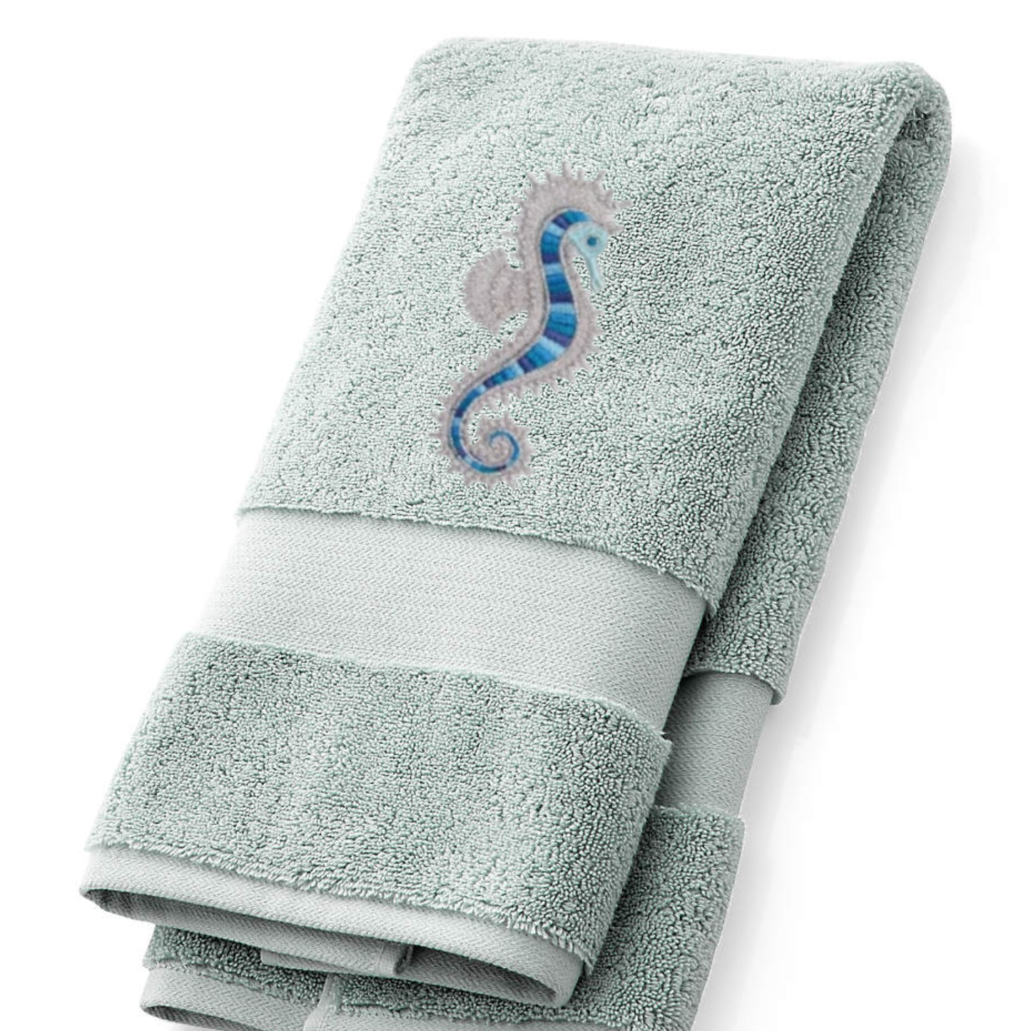 Embroidered Seahorse Bath Hand Towel. Gorgeous Ocean  Seahorse in Blue Shades